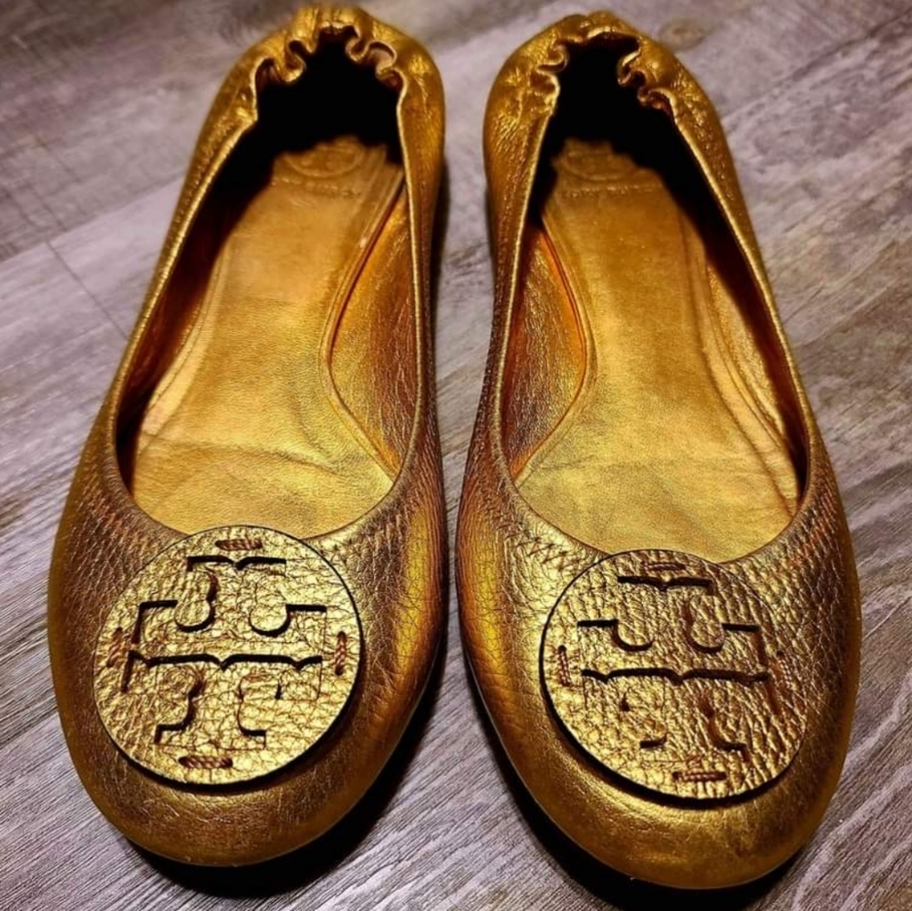 Tory Burch Reva Pebbled Ballet Flats, Size 10, Gold